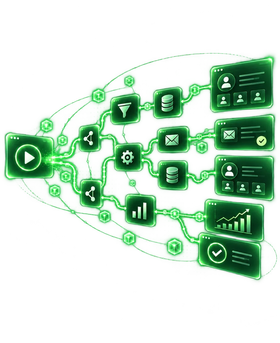 Diagramme d'un flux d'automatisation reliant canaux, CRM et rapports