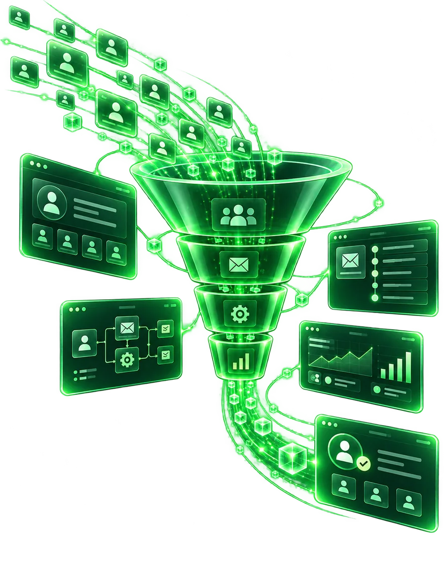 Ilustración de un embudo digital recibiendo prospectos y convirtiéndolos en clientes