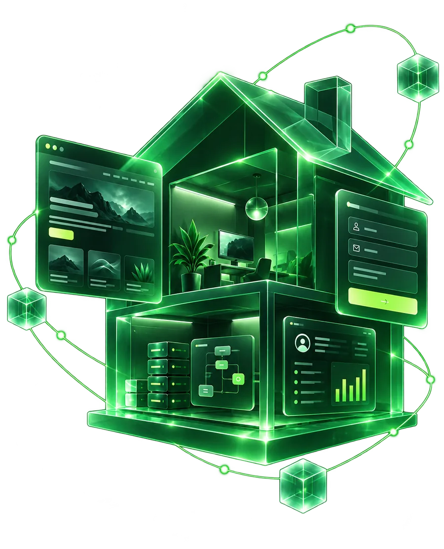 Illustration of a digital home with an integrated website panel and form